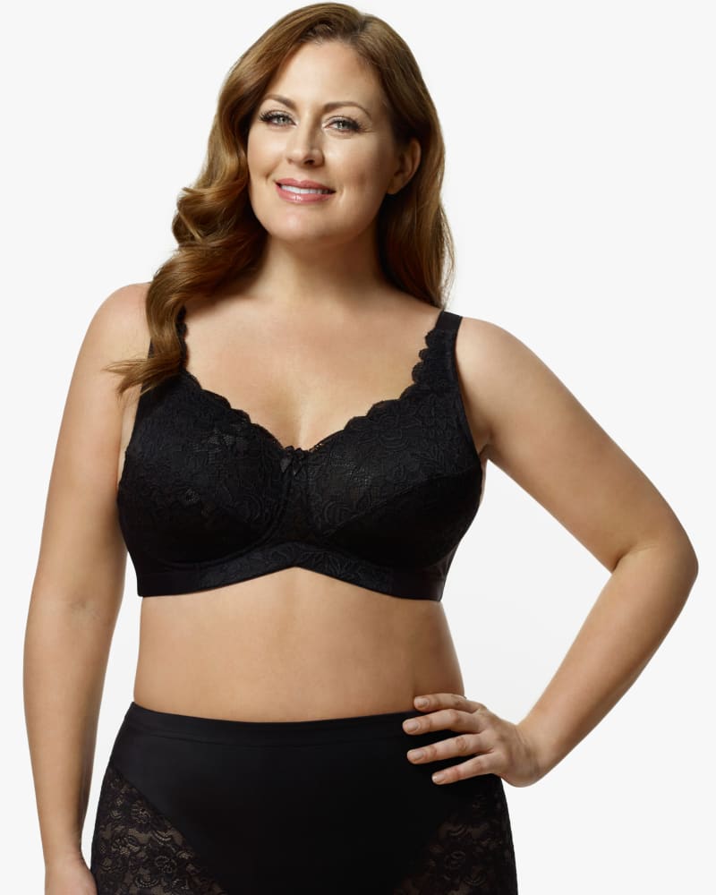 Front of a model wearing a size 36D Stretch Lace Softcup Bra in Black by Elila. | dia_product_style_image_id:151333